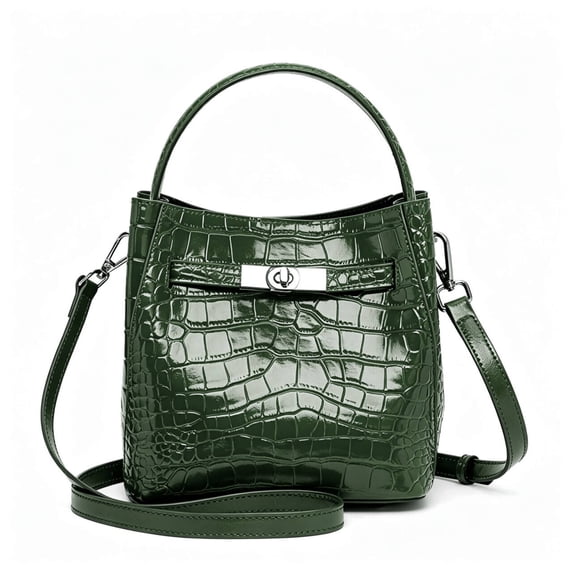 Genuine Cowhide Leather Crocodile Embossed Mini Bucket Bag, Top-handle Crossbody Bag, Work Daily Bag