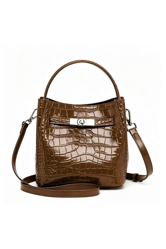Genuine Cowhide Leather Crocodile Embossed Mini Bucket Bag, Top-handle Crossbody Bag, Work Daily Bag