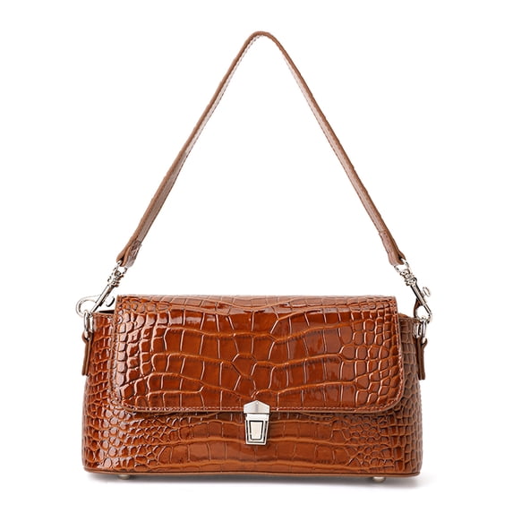 Genuine Cowhide Leather Crocodile Grain Shoulder Bag, Women's Underarm Handbag, Daily Travel Purse