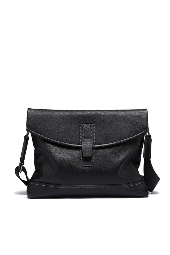 Genuine Cowhide Leather Cross Grain Messenger Bag, Men's Snap Button Shoulder Bag, Black Work Travel Handbag