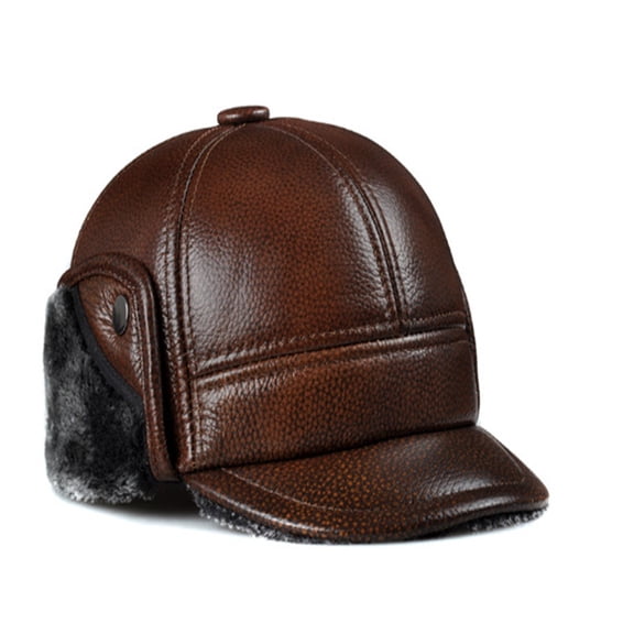 Genuine Cowhide Leather Faux Fur Caps Dad Warm Winter Hat For Men Velvet Flat-top Duck Tongue Ear Protection Outdoor Bomber Gorr ,Fashion Design