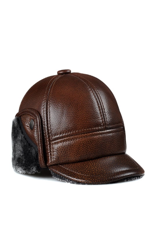 Genuine Cowhide Leather Faux Fur Caps Dad Warm Winter Hat For Men Velvet Flat-top Duck Tongue Ear Protection Outdoor Bomber Gorr ,Fashion Design