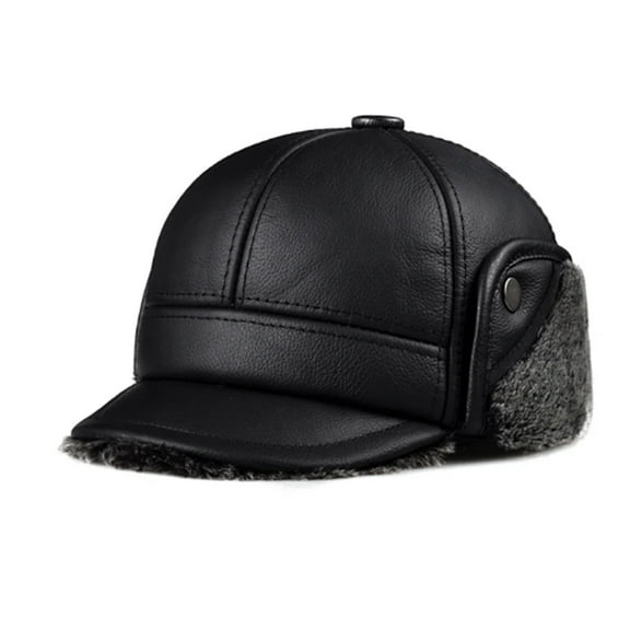 Genuine Cowhide Leather Faux Fur Caps Dad Warm Winter Hat For Men Velvet Flat-top Duck Tongue Ear Protection Outdoor Bomber Gorr ,Beautiful Craftsmanship