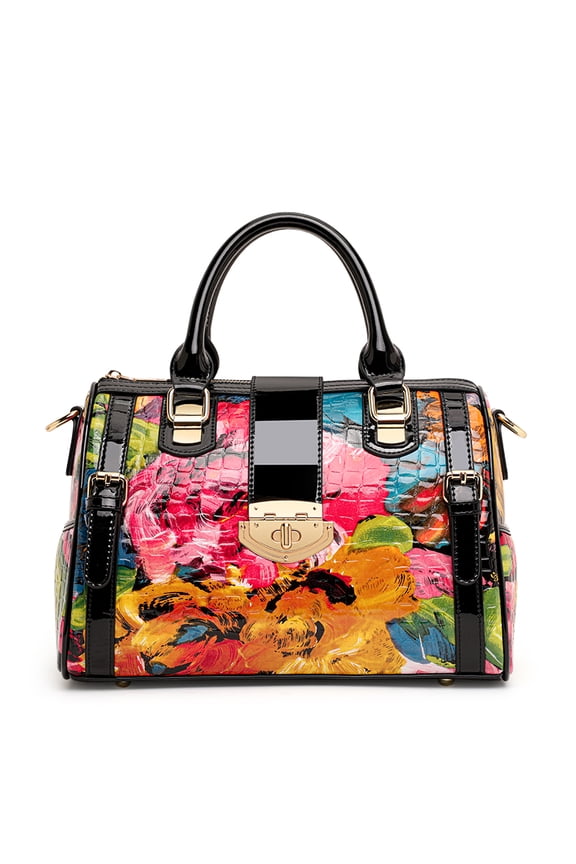Genuine Cowhide Leather Floral Print Barrel Bag, Women's Top-handle Shoulder Bag, Travel Handbag