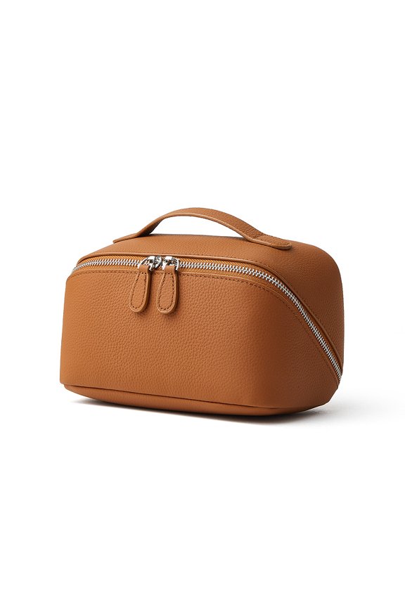 Genuine Cowhide Leather Litchi Grain Cosmetic Bag, Women's Top-handle Storage Pouch, Travel Makeup Case