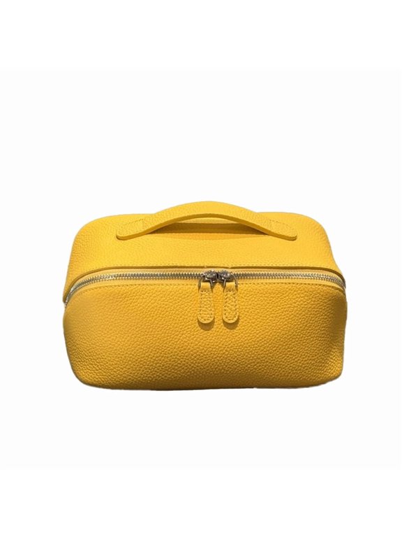 Genuine Cowhide Leather Litchi Grain Cosmetic Case, Women's Top-handle Storage Bag, Travel Makeup Pouch