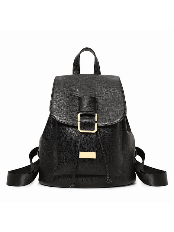 Genuine Cowhide Leather Litchi Grain Drawstring Flap Backpack, Women's Anti-theft Travel Bag
