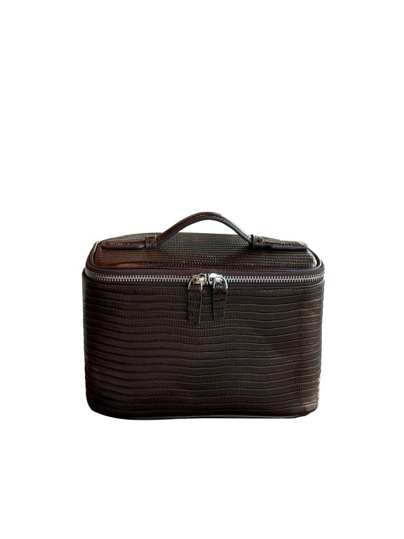 Genuine Cowhide Leather Lizard Grain Cosmetic Case, Women's Top-handle Storage Bag, Travel Makeup Pouch