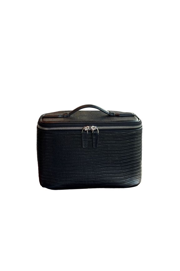Genuine Cowhide Leather Lizard Grain Cosmetic Case, Women's Top-handle Storage Bag, Travel Makeup Pouch