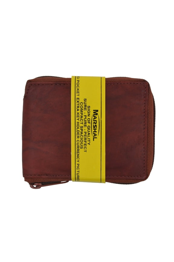 Genuine Cowhide Leather Mens Zipper Zip-Around Bifold Popular Card Holder Wallet
