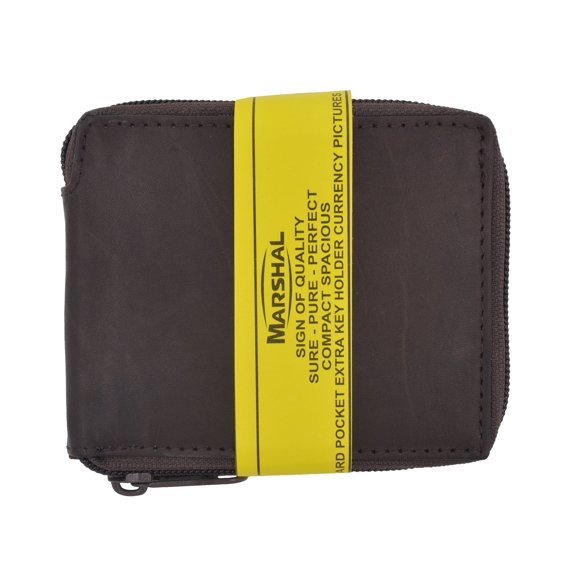 Genuine Cowhide Leather Mens Zipper Zip-Around Bifold Popular Card Holder Wallet
