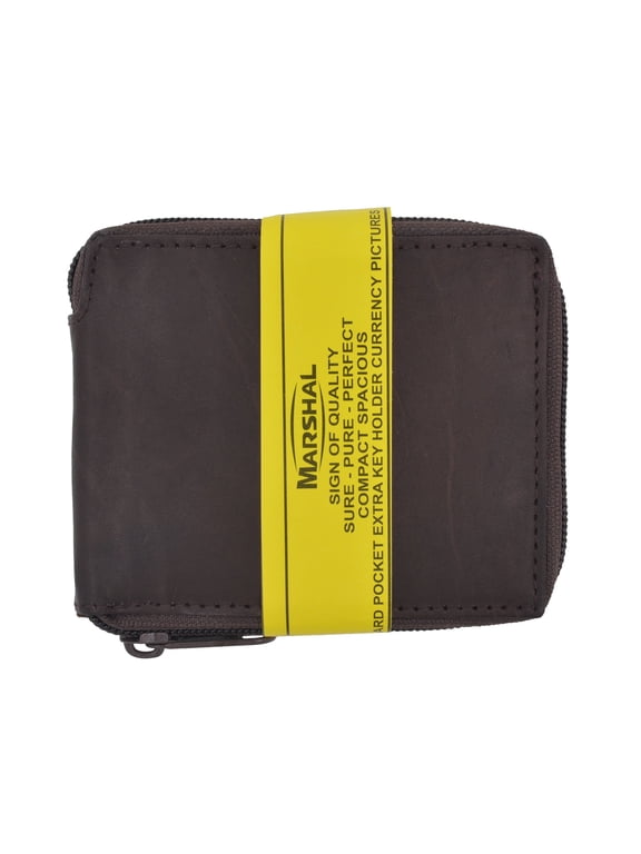 Genuine Cowhide Leather Mens Zipper Zip-Around Bifold Popular Card Holder Wallet