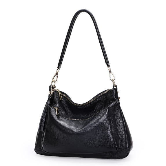 Genuine Cowhide Leather Women Hobo Bag, Soft Shoulder Tote, Pebbled Texture, Large Capacity, Black