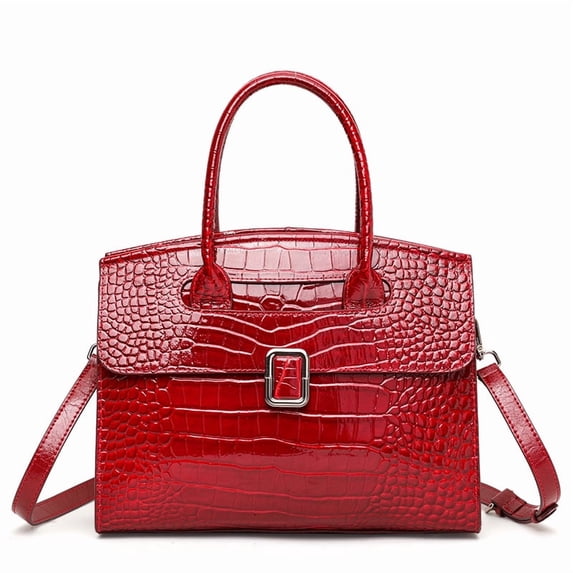Genuine Cowhide Leather Women Satchel Bag,Crocodile Grain Flip Handbag,Adjustable Strap Shoulder Purse