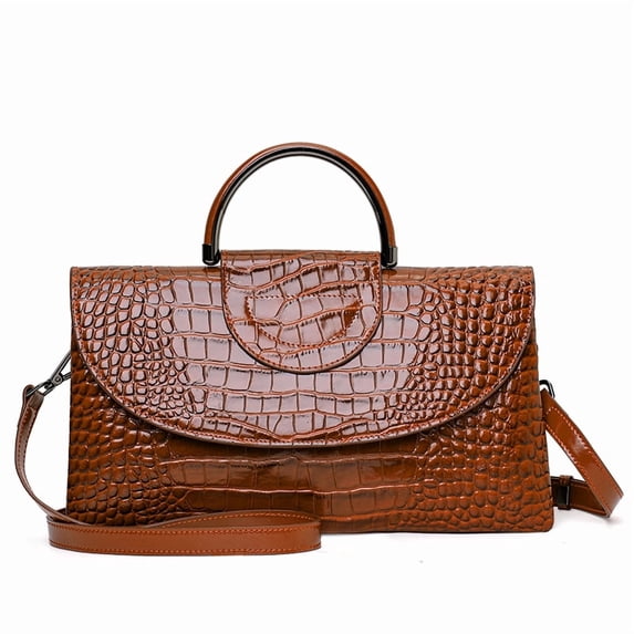 Genuine Cowhide Leather Women's Crocodile Bag, Top Handle Crossbody Purse, Glossy Flap Handbag
