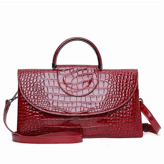 Genuine Cowhide Leather Women's Crocodile Bag, Top Handle Crossbody Purse, Glossy Flap Handbag
