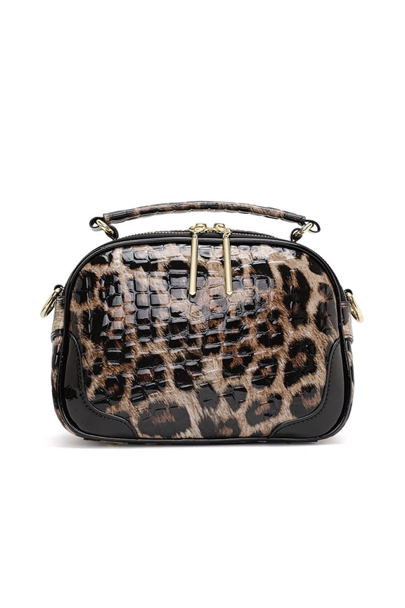 Genuine Cowhide Leopard Print Women Handbag, Crocodile Embossed Crossbody Bag, Mini Shell Purse
