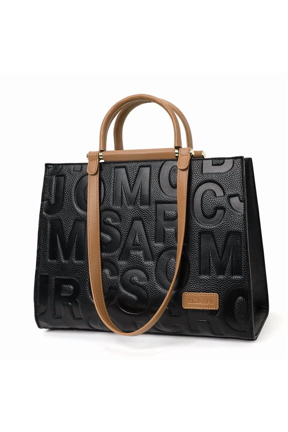 Genuine Leather Cowhide Tote Bag, Women's Letter Embossed Shoulder Crossbody Bag