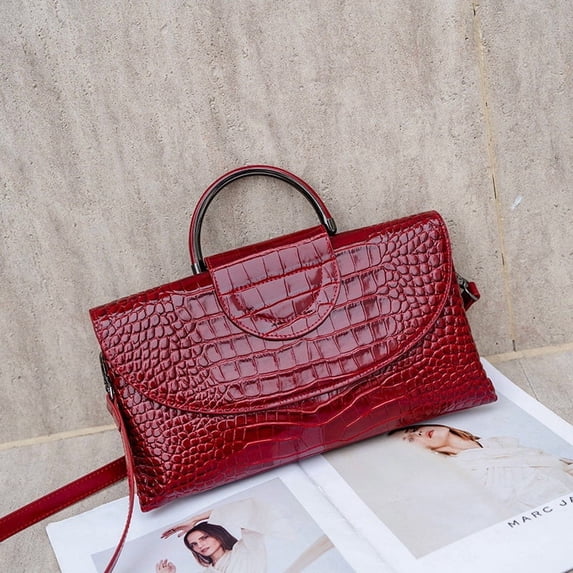 Genuine Cowhide Women Crossbody Bag, Glossy Crocodile Embossed Metal-Ring Top-Handle Purse