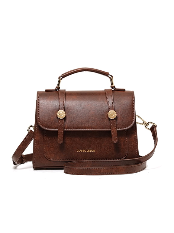 Genuine Cowhide Women Crossbody Bag,Vintage Oil Wax Grain Mini Flap Handbag,Top Handle Small Square Shoulder Bag,Brown