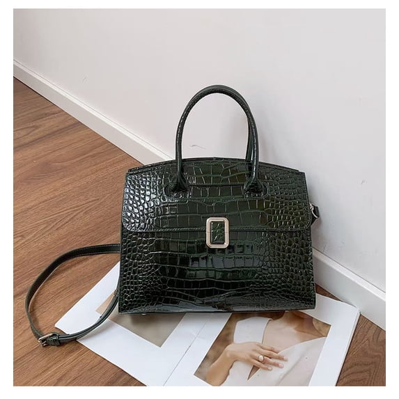 Genuine Cowhide Women Handbag, Glossy Crocodile Embossed Top-Handle Crossbody Purse