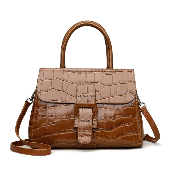 Genuine Cowhide Women Handbag, Glossy Crocodile Embossed Top-Handle Crossbody Purse