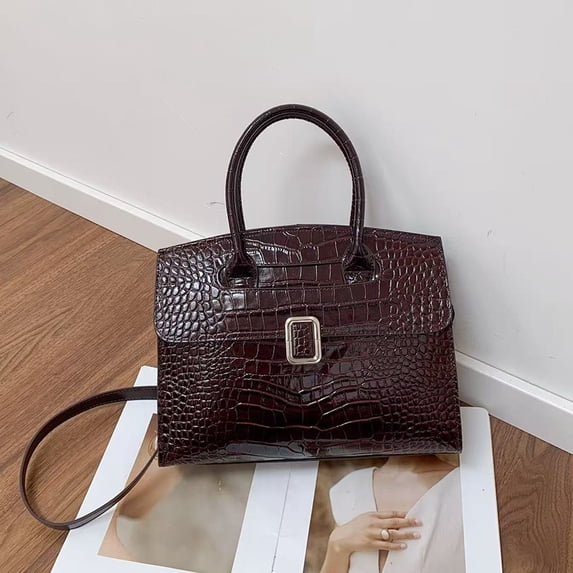 Genuine Cowhide Women Handbag, Glossy Crocodile Embossed Top-Handle Crossbody Purse