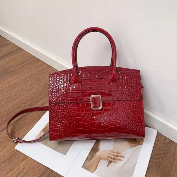 Genuine Cowhide Women Handbag, Glossy Crocodile Embossed Top-Handle Crossbody Purse