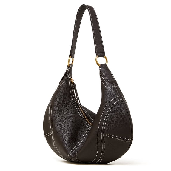 Genuine Cowhide Women Hobo Bag, Black Leather Shoulder Bag, Adjustable Strap Crossbody Purse