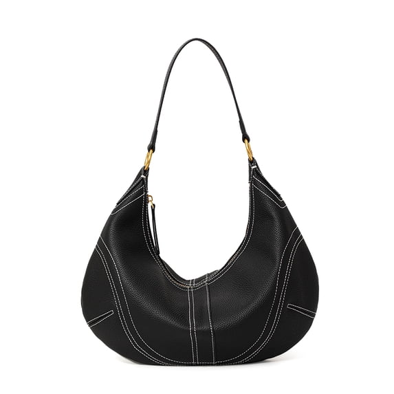 Genuine Cowhide Women Hobo Bag, Black Leather Shoulder Bag, Adjustable Strap Crossbody Purse