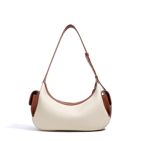 Genuine Cowhide Women Hobo Bag, White Brown Leather Crossbody Shoulder Handbag