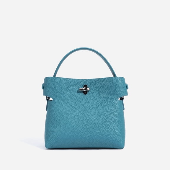 Genuine Cowhide Women Mini Bucket Bag, Blue Pebbled Leather Crossbody Handbag