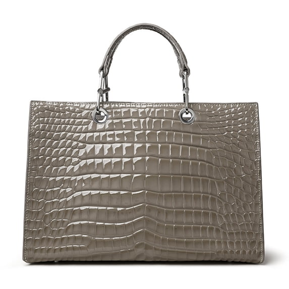 Genuine Cowhide Women Tote Bag, Glossy Crocodile Embossed Metal-Ring Top-Handle Crossbody Purse
