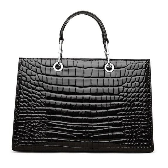 Genuine Cowhide Women Tote Bag, Glossy Crocodile Embossed Metal-Ring Top-Handle Crossbody Purse