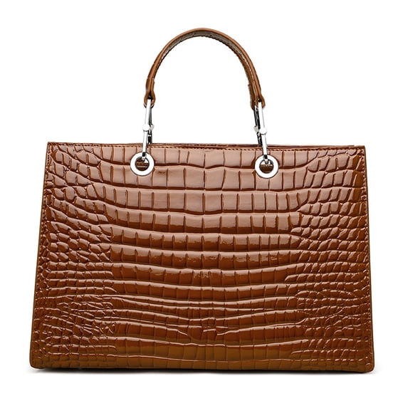 Genuine Cowhide Women Tote Bag, Glossy Crocodile Embossed Metal-Ring Top-Handle Crossbody Purse
