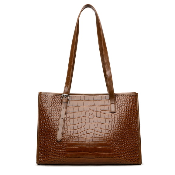 Genuine Cowhide Women Tote Bag, Glossy Crocodile Embossed Shoulder Purse for Work