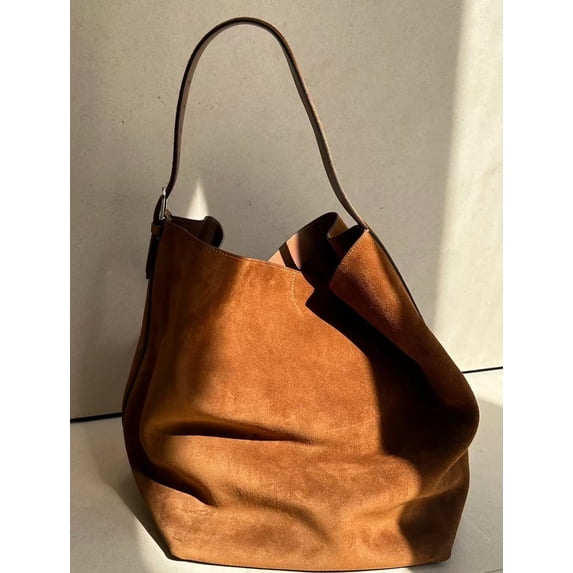 Genuine Cowhide Women Tote Bag, Soft Suede Shoulder Bag, Large Capacity Handbag for Work Travel