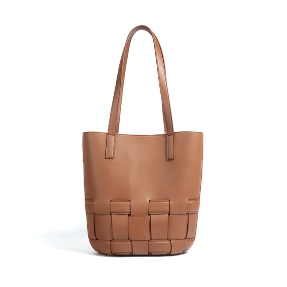 Genuine Cowhide Women Tote Bag, Woven Bucket Shoulder Bag, Removable Inner Pouch
