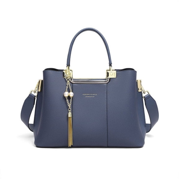 Genuine Cowhide Women Winged Tote Handbag, Blue Shoulder Crossbody Purse with Tassel Charm