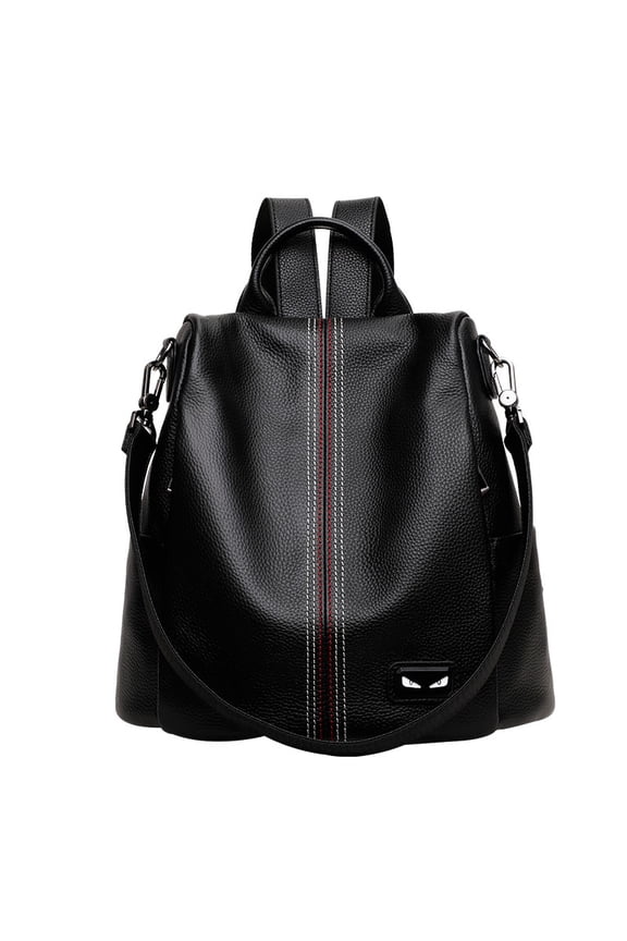 Genuine Cowhide Women's Vertical Striped Litchi Grain Large Capacity Backpack