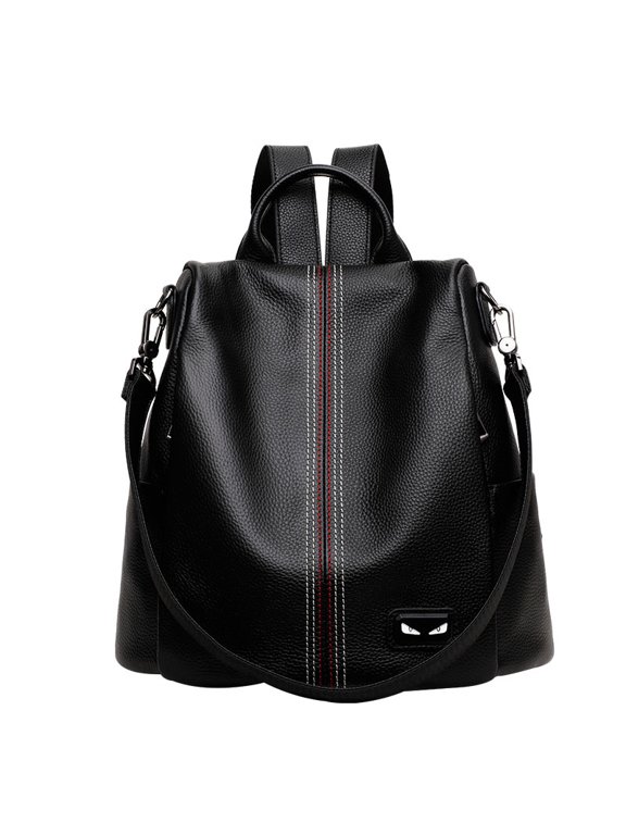 Genuine Cowhide Women's Vertical Striped Litchi Grain Large Capacity Backpack