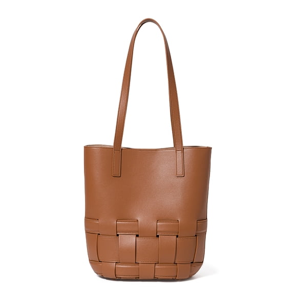 Genuine Leather Cowhide Tote Bag, Women's Retro Woven Bucket Purse with Pouch