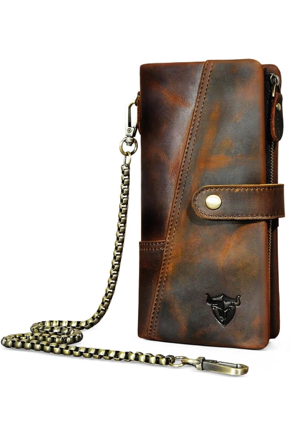 Genuine Crazy Horse Leather Travel Pocket Card Case Long Organizer Chain Rfid Wallet Purse With Snap For Men Male 1803 (1803 Brown)