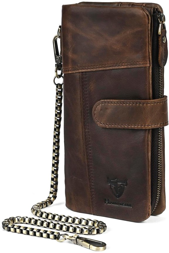 Genuine Crazy Horse Leather Travel Pocket Card Case Long Organizer Chain Rfid Wallet Purse With Snap For Men Male 1803 1815 (1803 Light Brown)
