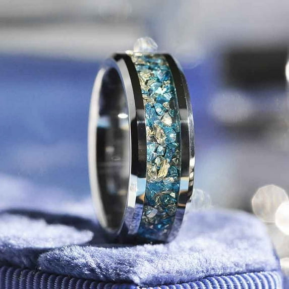 Genuine Crushed Raw Blue And White Sapphire Men's Tungsten Ring, Size 10