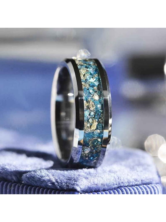 Genuine Crushed Raw Blue And White Sapphire Men's Tungsten Ring, Size 10