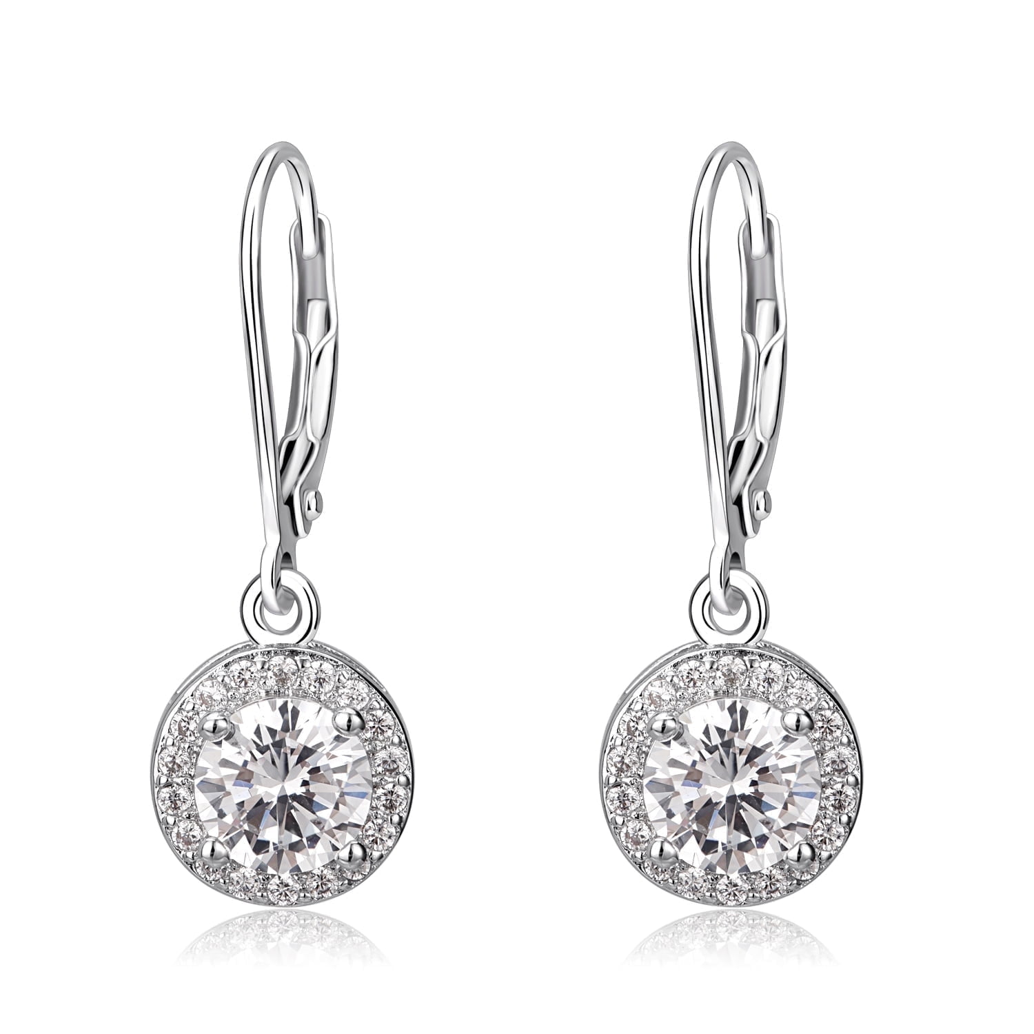 AMY AND ANNETTE Halo Crystal Leverback Drop and Dangle Earrings in 18K White Gold Plated