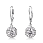 Amy and Annette Halo Crystal Leverback Drop and Dangle Earrings in 18K White Gold Plated