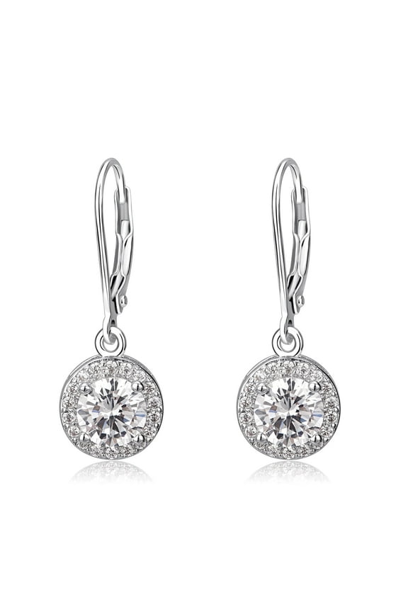 Halo Crystal  Leverback Drop and Dangle Earrings in 18K White Gold  Plated