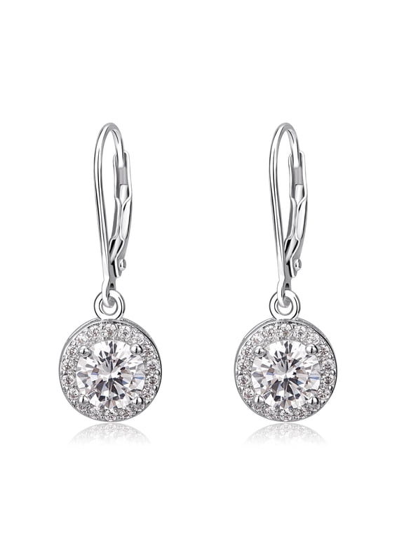 Amy and Annette Halo Crystal Leverback Drop and Dangle Earrings in 18K White Gold Plated